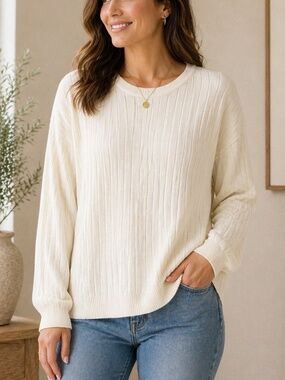 Elliott Ivory Ribbed Knit Sweater XL Lightweight Crewneck Soft Minimalist